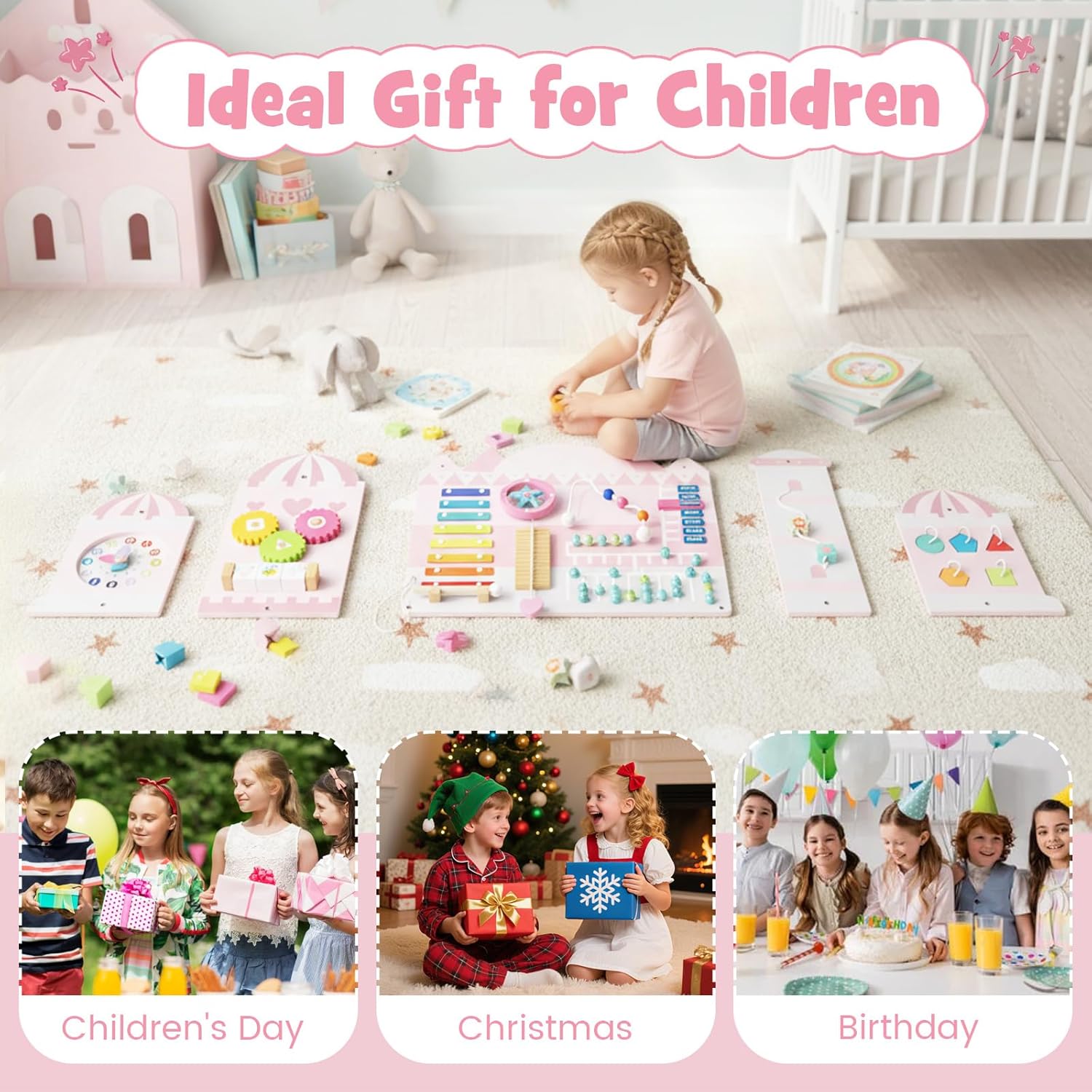 Olakids 11-in-1 Montessori Busy Board, Pink Castle Sensory Wall for Toddlers