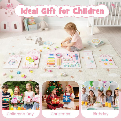 Olakids 11-in-1 Montessori Busy Board, Pink Castle Sensory Wall for Toddlers