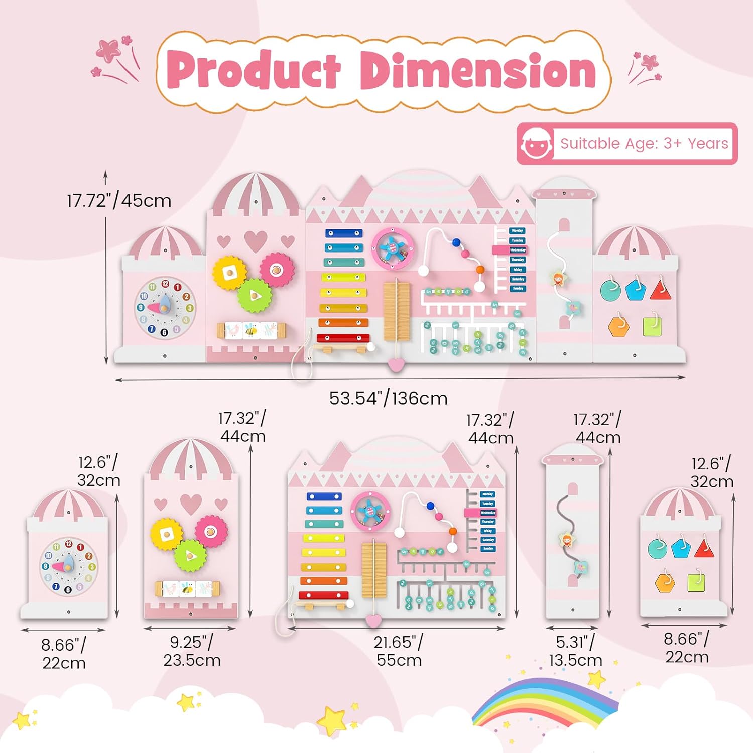 Olakids 11-in-1 Montessori Busy Board, Pink Castle Sensory Wall for Toddlers
