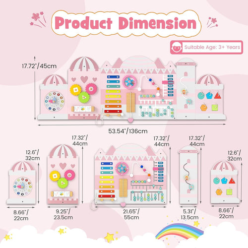 Olakids 11-in-1 Montessori Busy Board, Pink Castle Sensory Wall for Toddlers