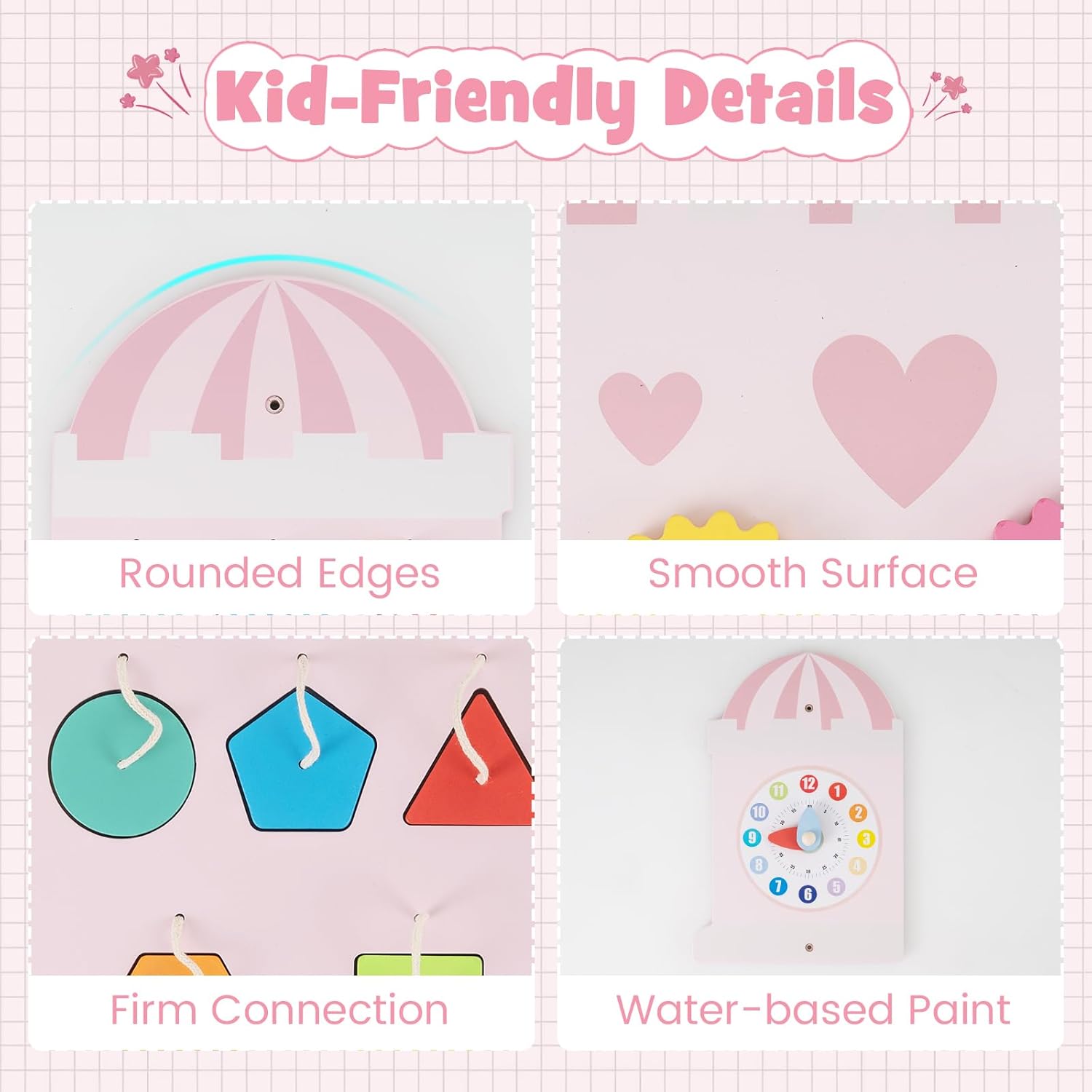 Olakids 11-in-1 Montessori Busy Board, Pink Castle Sensory Wall for Toddlers