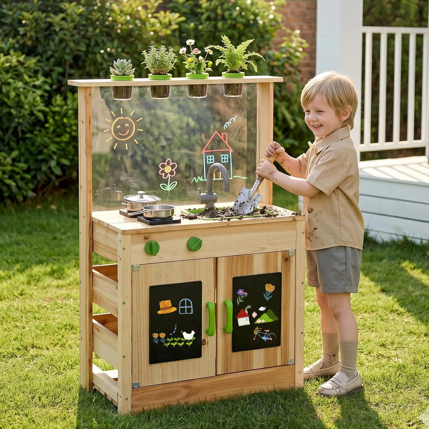 OLAKIDS Mud Kitchen, Outdoor Play Kitchen with Awning Faucet Stoves Cooking Accessories Removable Sink Wooden Kids Kitchen Playset Backyard Garden Toys for Boys Girls Ages 3+