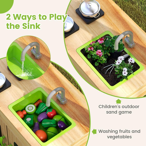 OLAKIDS Mud Kitchen, Outdoor Play Kitchen with Awning Faucet Stoves Cooking Accessories Removable Sink Wooden Kids Kitchen Playset Backyard Garden Toys for Boys Girls Ages 3+