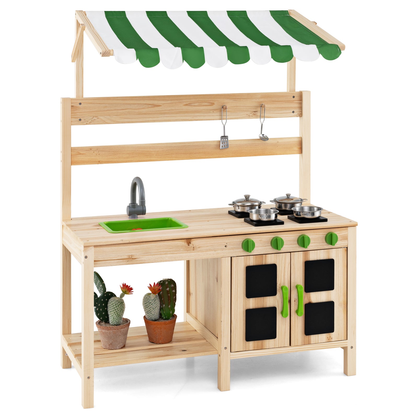 OLAKIDS Mud Kitchen, Outdoor Play Kitchen with Awning Faucet Cooking Accessories for Backyard & Garden