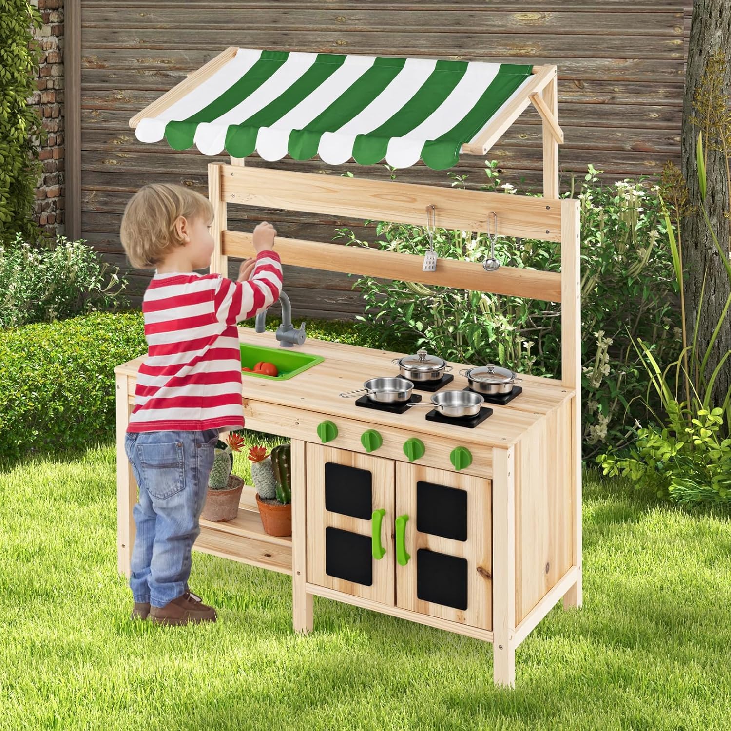 OLAKIDS Mud Kitchen, Outdoor Play Kitchen with Awning Faucet Cooking Accessories for Backyard & Garden