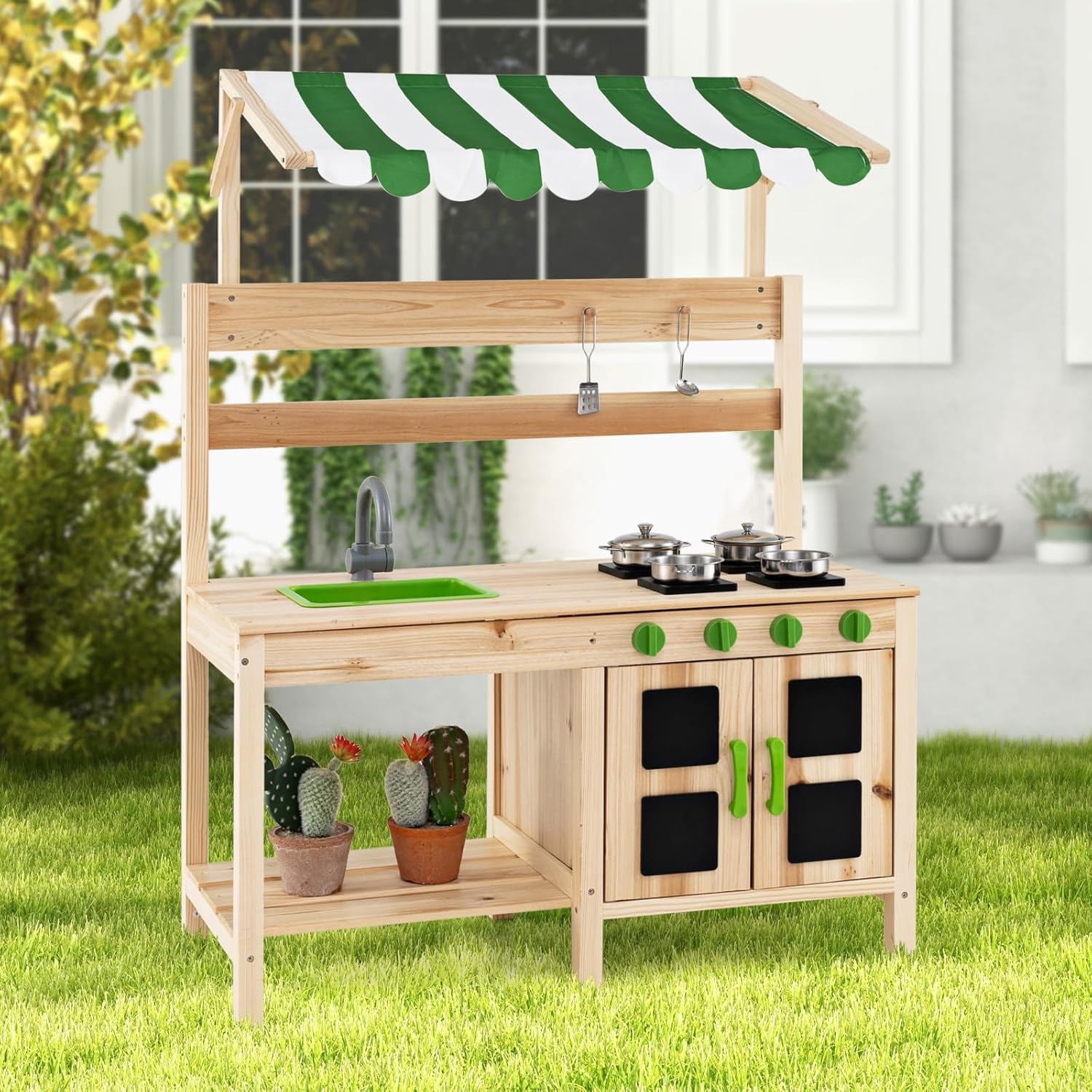 OLAKIDS Wooden Mud Kitchen, Outdoor Play Kitchen for Backyard & Garden