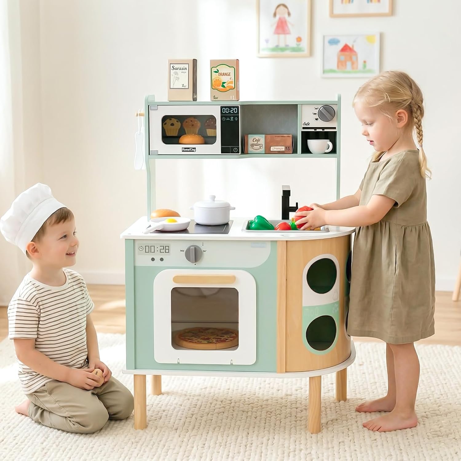 OLAKIDS Kids Kitchen Playset, Toddler Wooden Pretend Cooking Set for Children Boys Girls