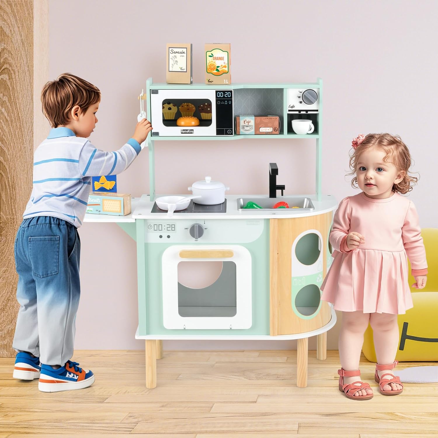OLAKIDS Kids Kitchen Playset, Toddler Wooden Pretend Cooking Set for Children Boys Girls