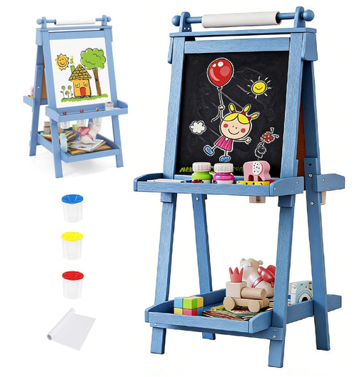 OLAKIDS Easel for Kids, 3 in 1 Adjustable Painting Art Board, Foldable Double-Sided Wooden Drawing Chalkboard Magnetic Whiteboard