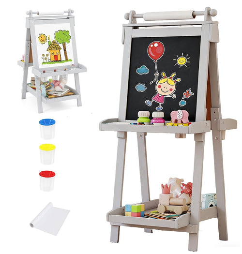 OLAKIDS Easel for Kids, 3 in 1 Adjustable Painting Art Board, Foldable Double-Sided Wooden Drawing Chalkboard Magnetic Whiteboard