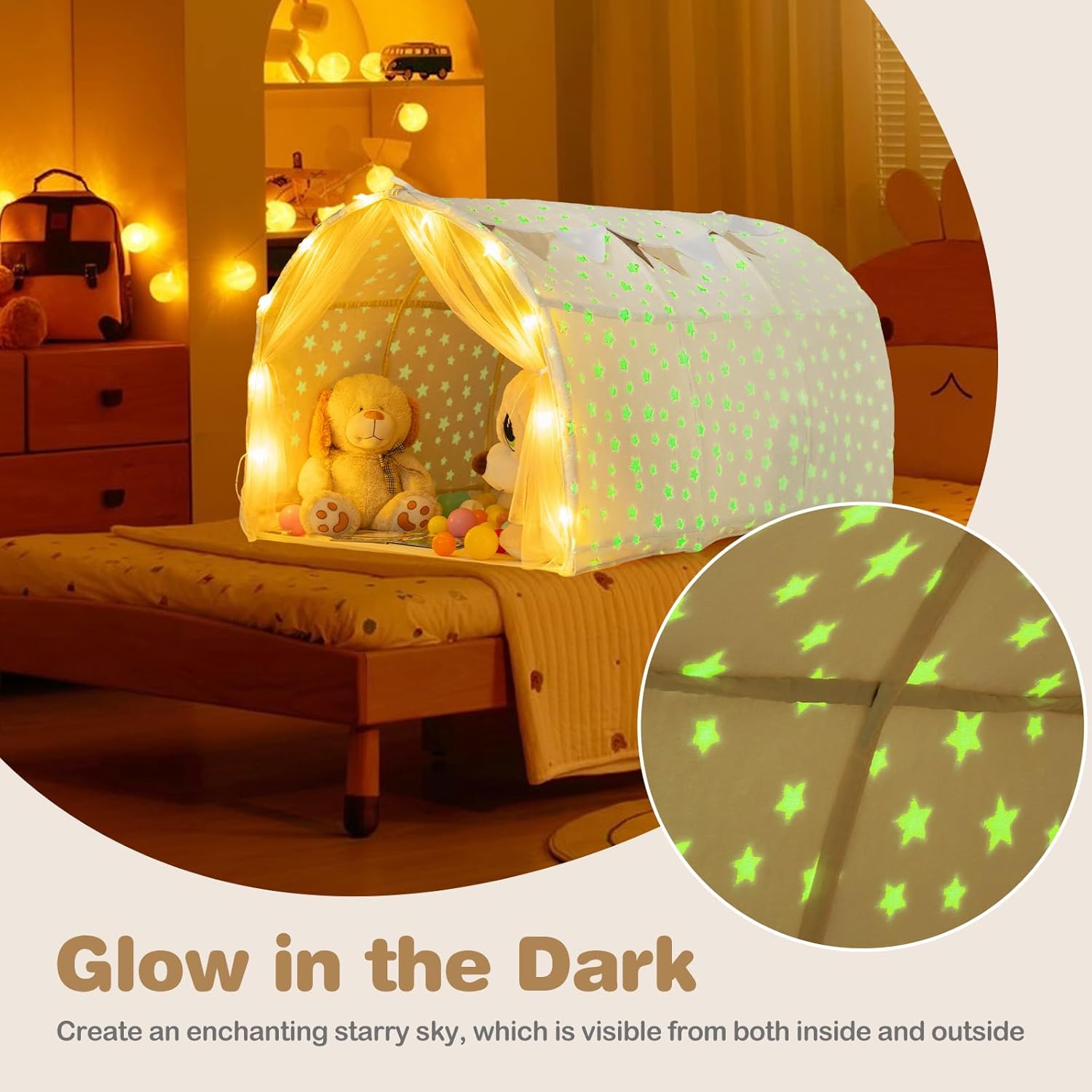 OLAKIDS Kids Bed Tent with Glow in The Dark Indoor Outdoor Princess Tents Castle for Boys Girls