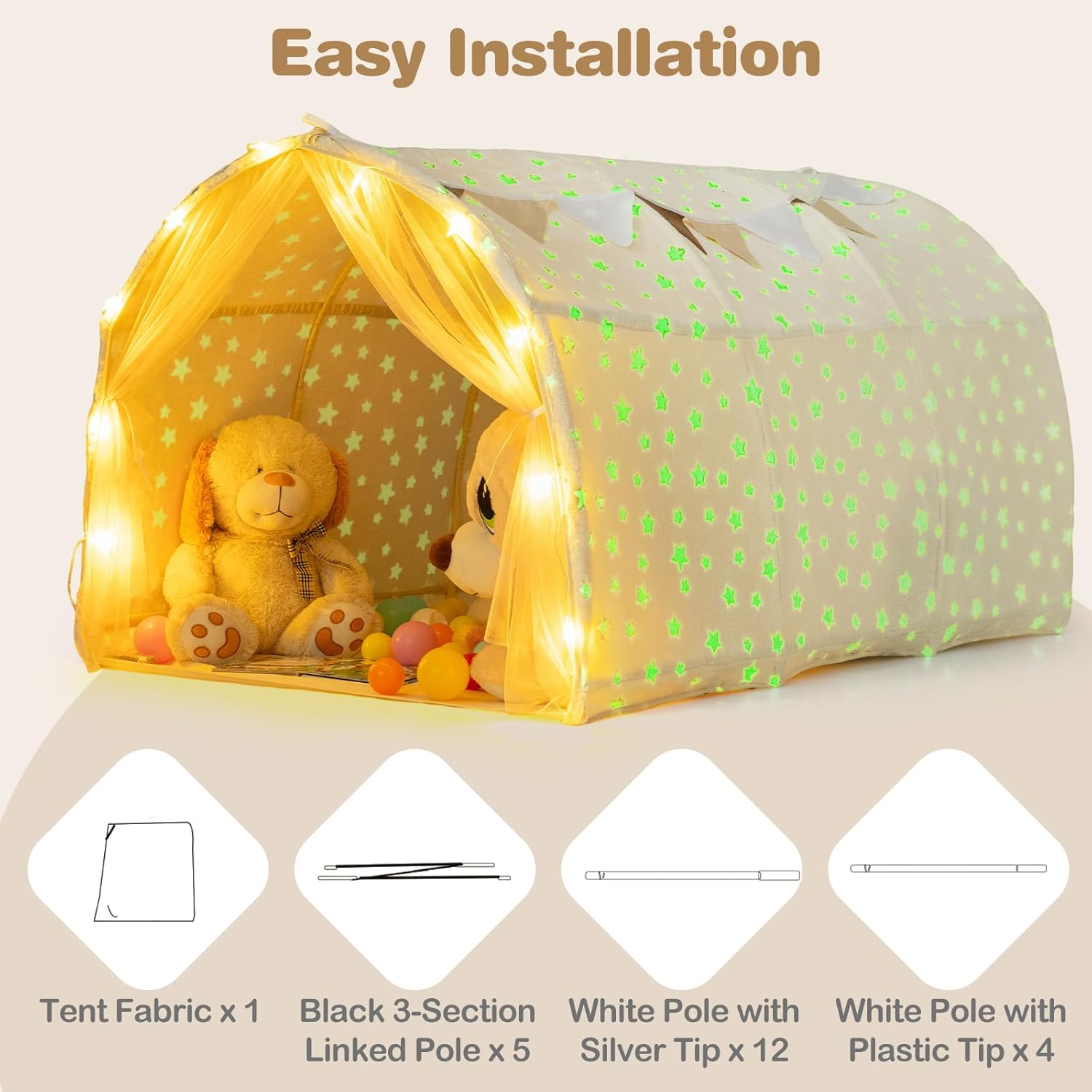 OLAKIDS Kids Bed Tent with Glow in The Dark Indoor Outdoor Princess Tents Castle for Boys Girls