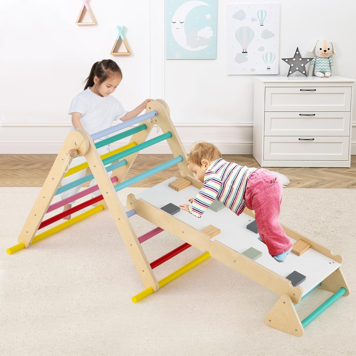 Olakids Pikler Triangle Set 7 in 1 Climbing Toys for Toddlers Foldable Baby Wood Montessori Jungle Gym
