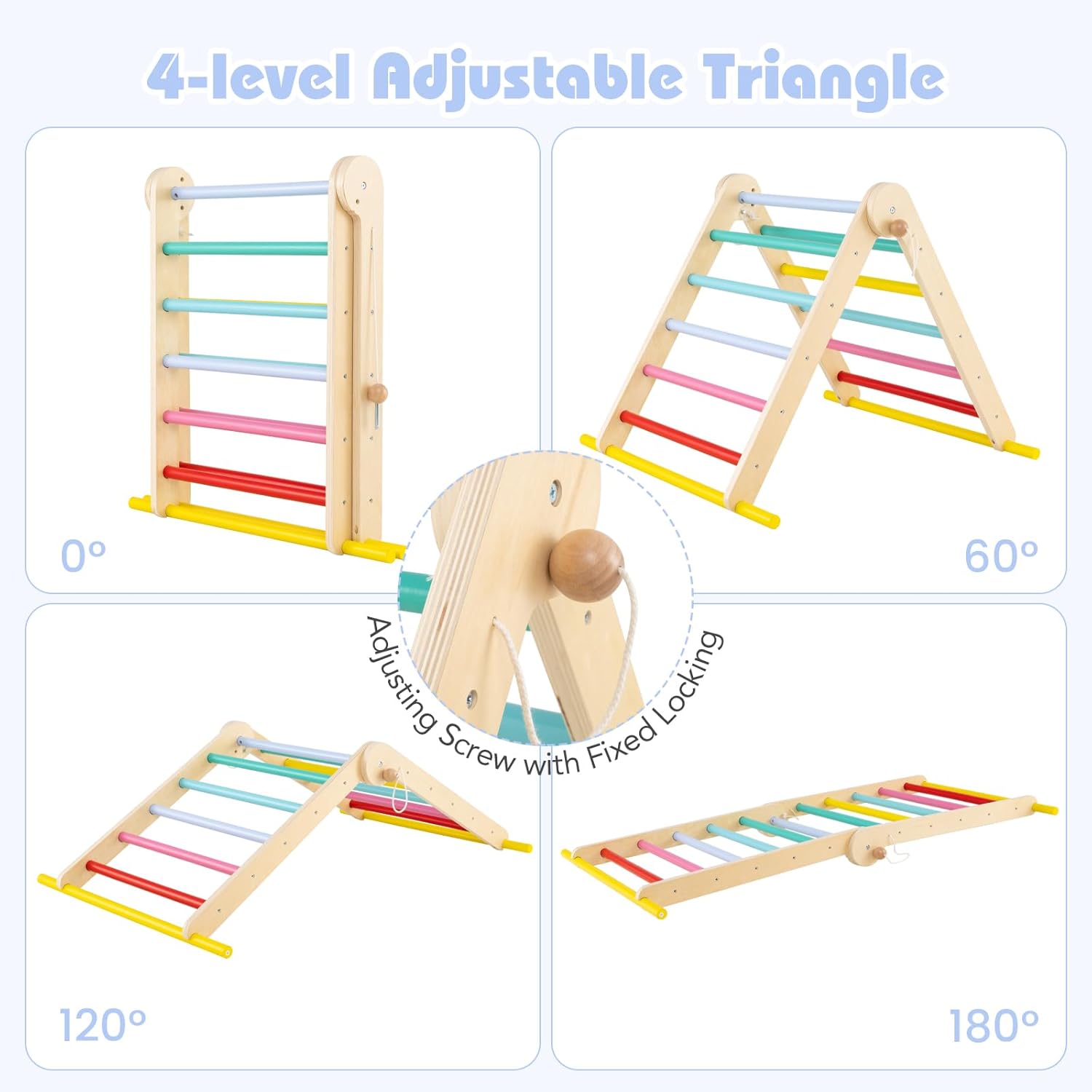 Olakids Pikler Triangle Set 7 in 1 Climbing Toys for Toddlers Foldable Baby Wood Montessori Jungle Gym