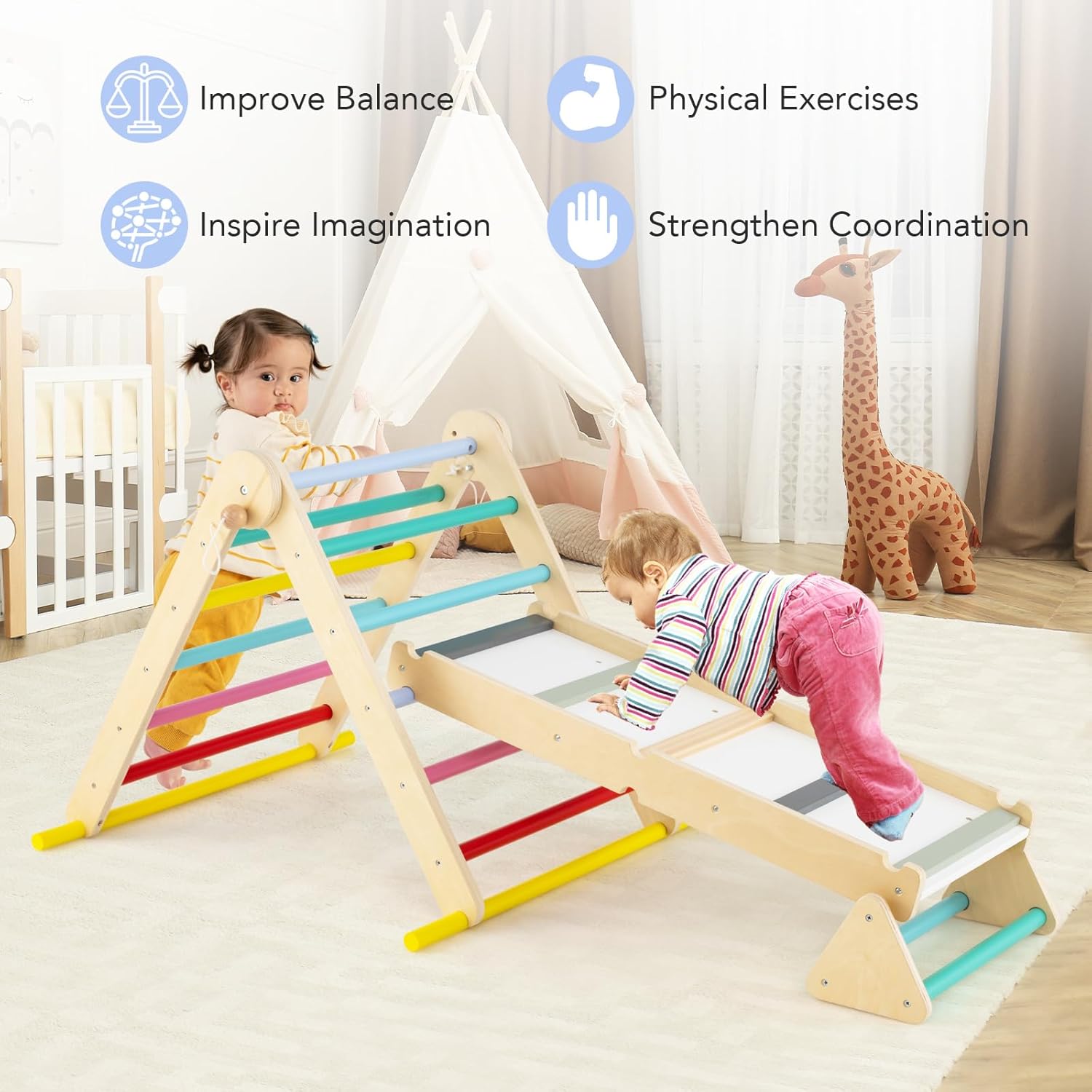 Olakids Pikler Triangle Set 7 in 1 Climbing Toys for Toddlers Foldable Baby Wood Montessori Jungle Gym