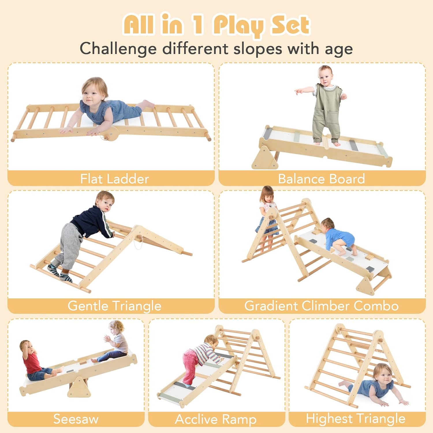 Olakids Pikler Triangle Set 7 in 1 Climbing Toys for Toddlers Foldable Baby Wood Montessori Jungle Gym