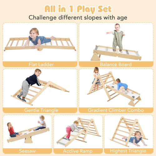Olakids Pikler Triangle Set 7 in 1 Climbing Toys for Toddlers Foldable Baby Wood Montessori Jungle Gym