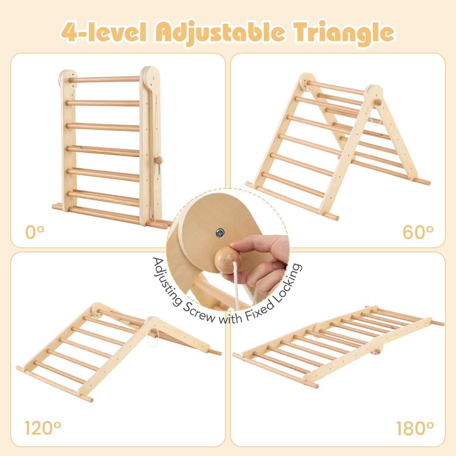 Olakids Pikler Triangle Set 7 in 1 Climbing Toys for Toddlers Foldable Baby Wood Montessori Jungle Gym