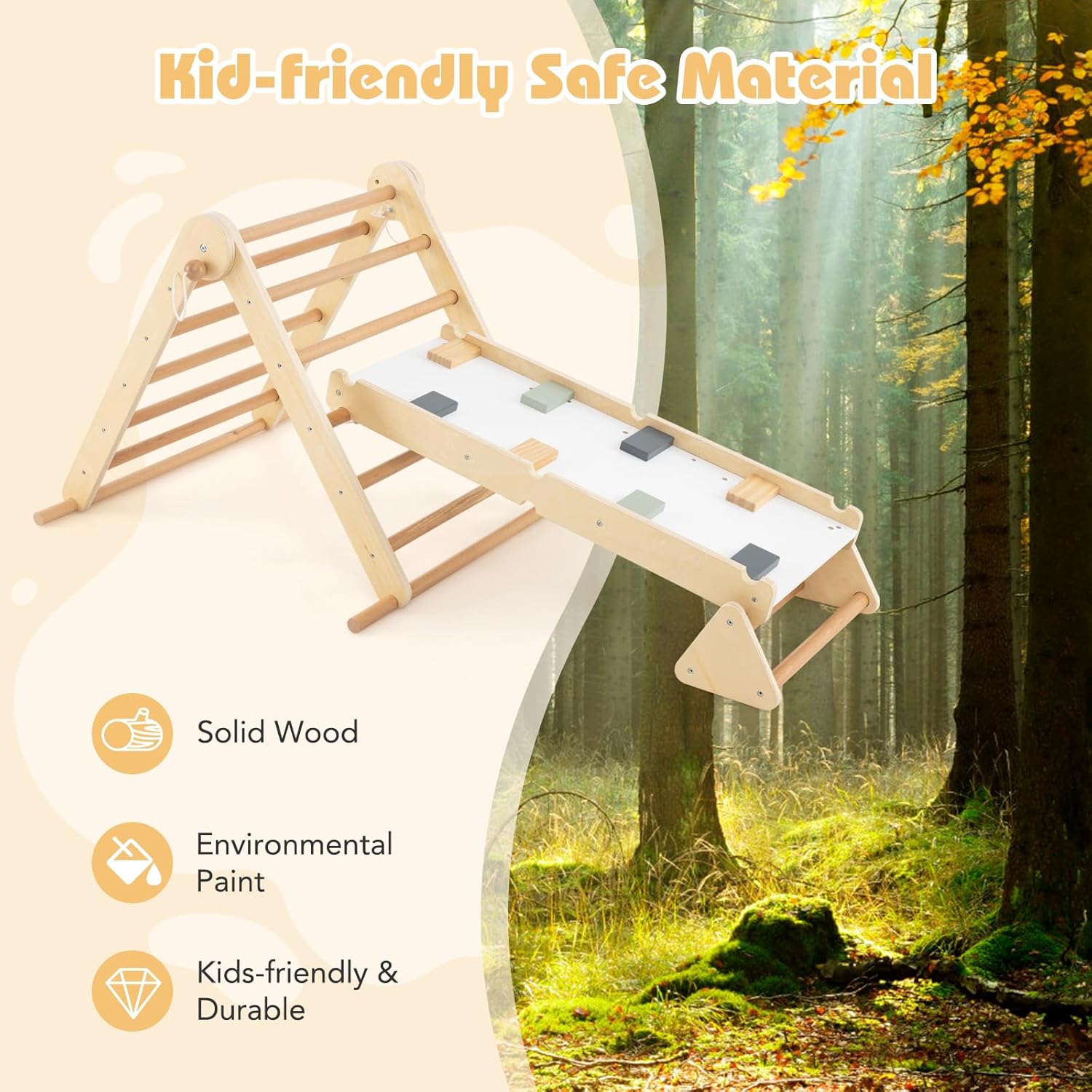Olakids Pikler Triangle Set 7 in 1 Climbing Toys for Toddlers Foldable Baby Wood Montessori Jungle Gym