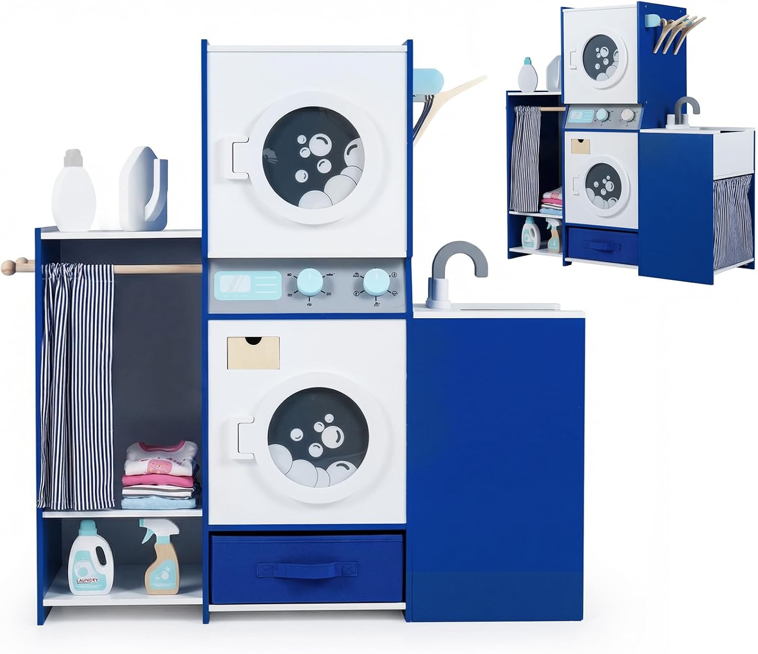 OLAKIDS Kids Toy Washing Machine Playset, Wooden Washer Pretend Laundry Set