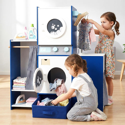OLAKIDS Kids Toy Washing Machine Playset, Wooden Washer Pretend Laundry Set