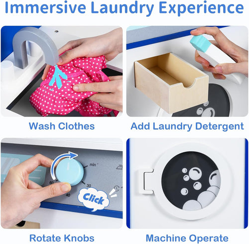 OLAKIDS Kids Toy Washing Machine Playset, Wooden Washer Pretend Laundry Set