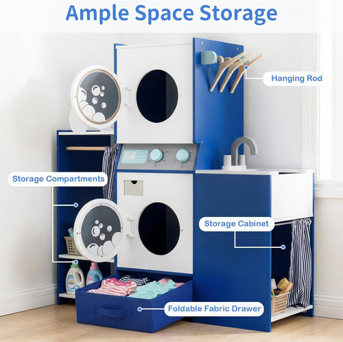 OLAKIDS Kids Toy Washing Machine Playset, Wooden Washer Pretend Laundry Set