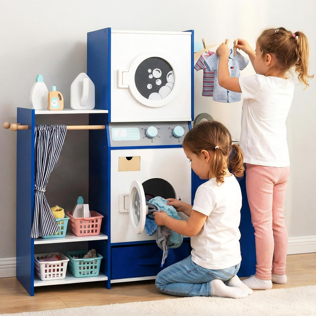 OLAKIDS Kids Toy Washing Machine Playset, Wooden Washer Pretend Laundr