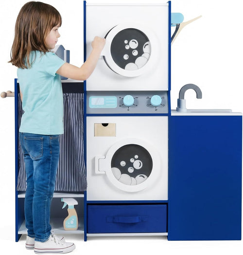 OLAKIDS Kids Toy Washing Machine Playset, Wooden Washer Pretend Laundry Set