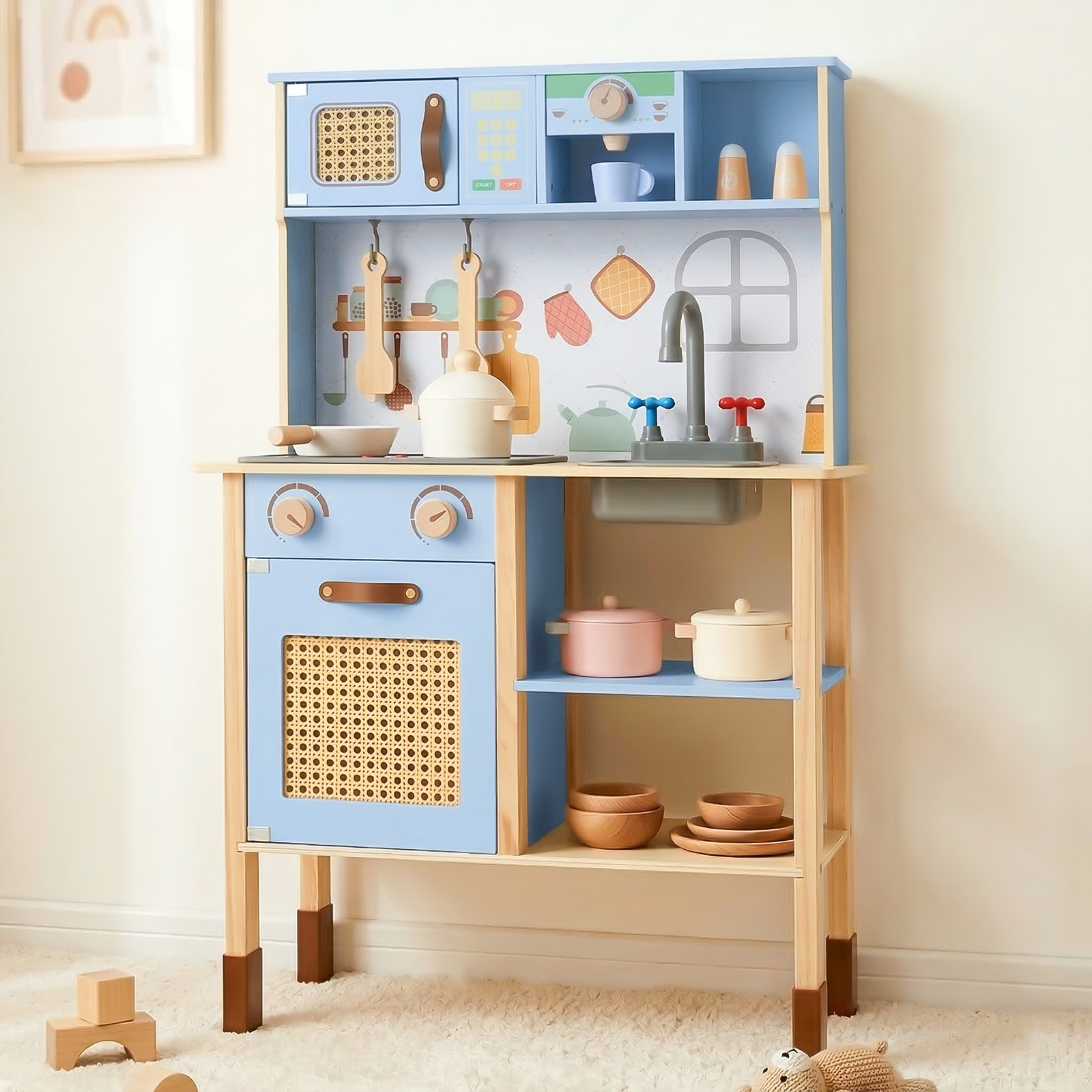 INFANS Play Kitchen for Kids, Wooden Pretend Playset Toddler Cooking Toy Gift for Boys Girls Aged 3+