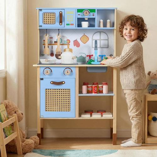 INFANS Play Kitchen for Kids, Wooden Pretend Playset Toddler Cooking Toy Gift for Boys Girls Aged 3+