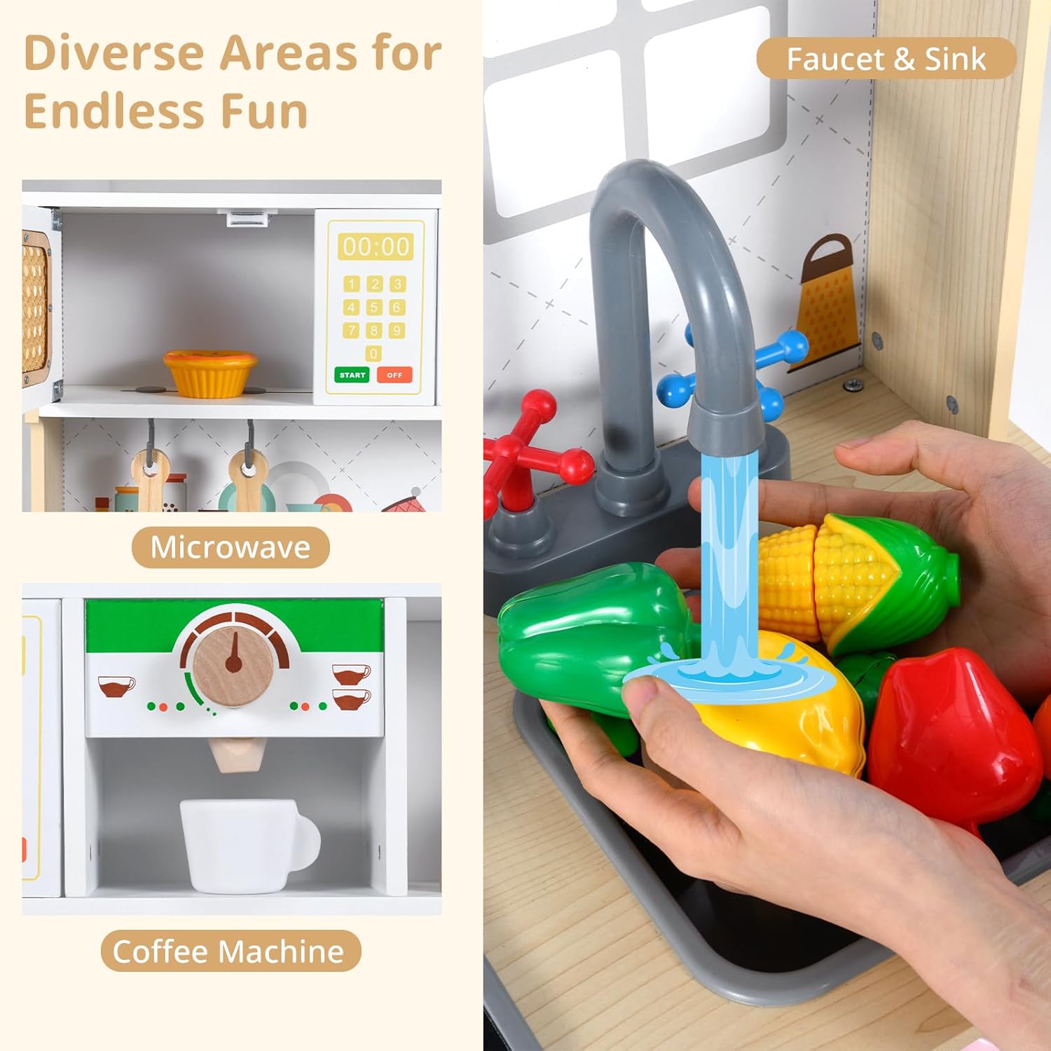 INFANS Play Kitchen for Kids, Wooden Pretend Playset Toddler Cooking Toy Gift for Boys Girls Aged 3+