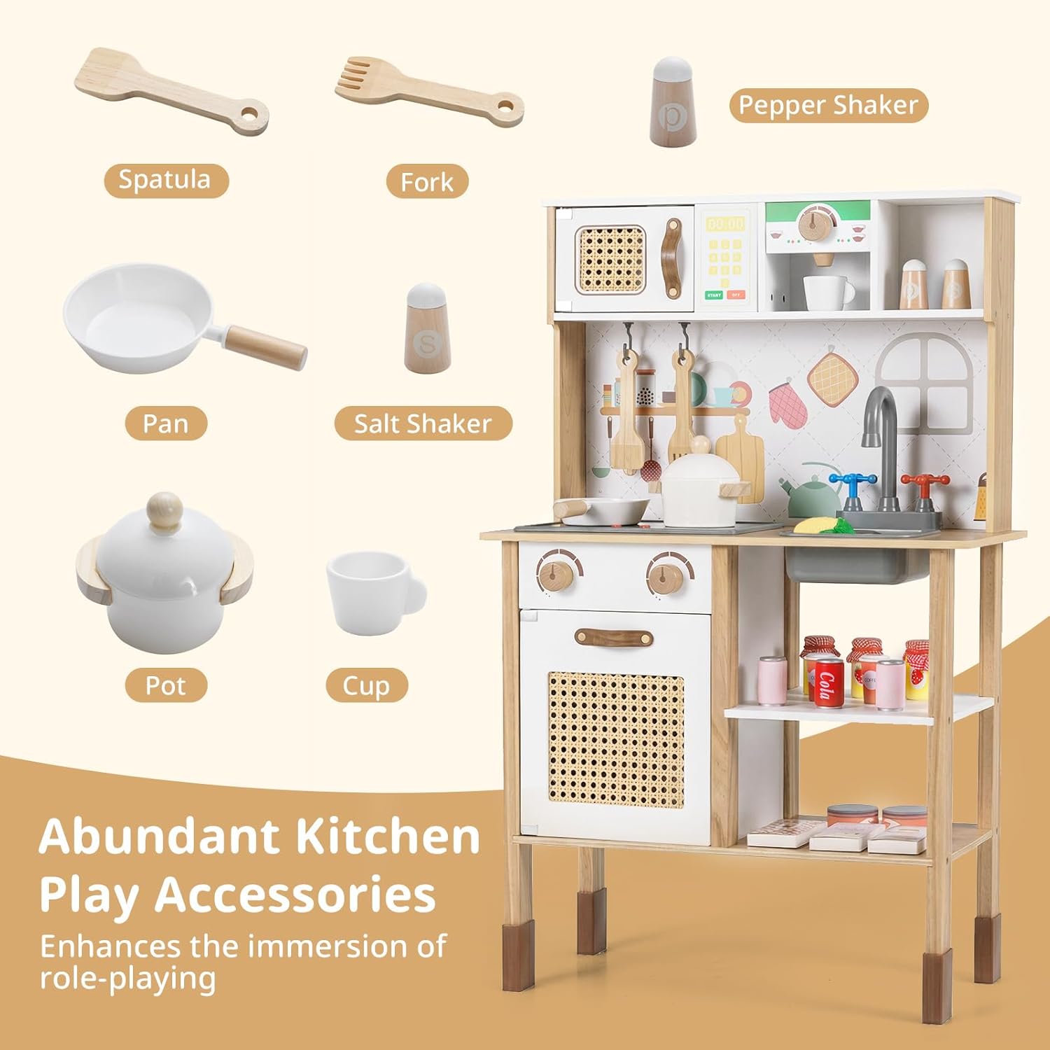 INFANS Play Kitchen for Kids, Wooden Pretend Playset Toddler Cooking Toy Gift for Boys Girls Aged 3+