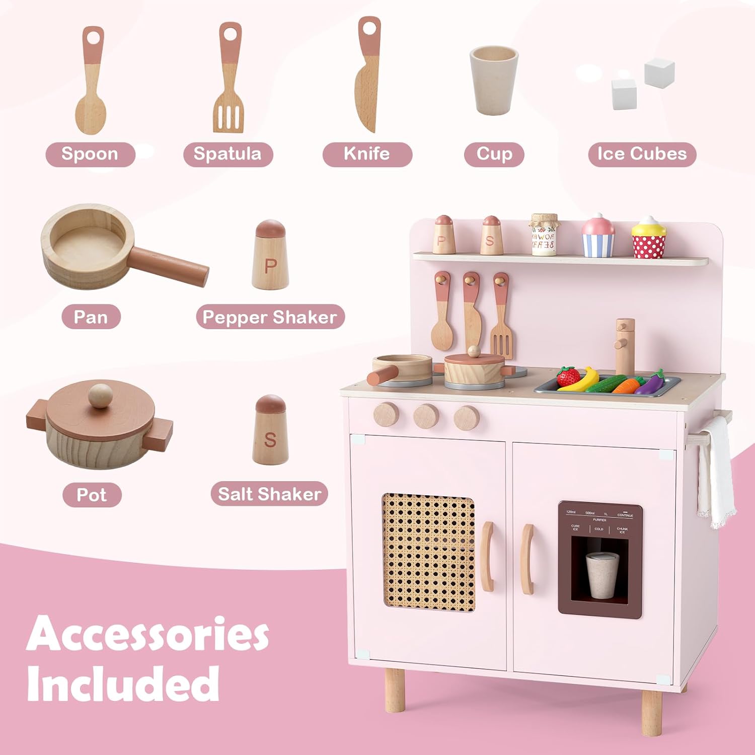 INFANS Play Kitchen for Kids, Wooden Pretend Playset Toddler Cooking Toy Gift for Boys Girls Aged 3+