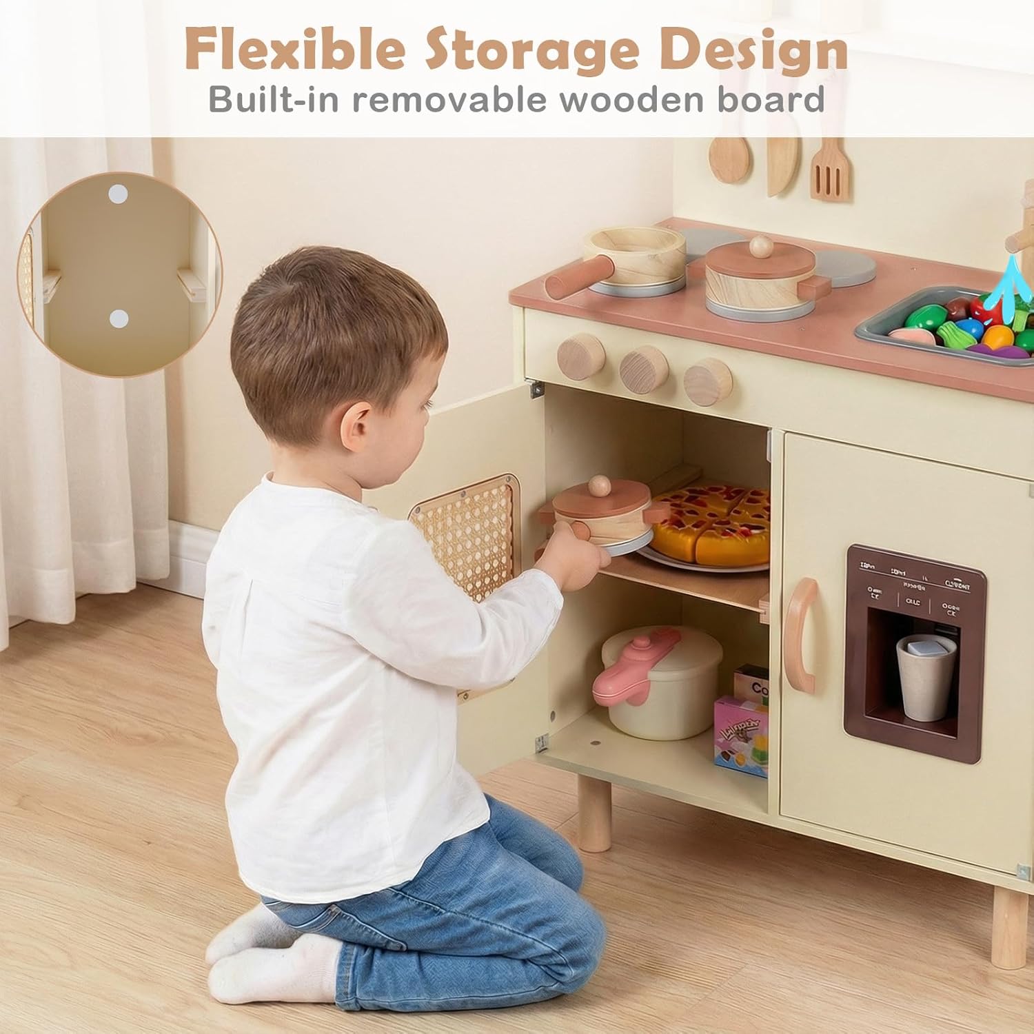 INFANS Play Kitchen for Kids, Wooden Pretend Playset Toddler Cooking Toy Gift for Boys Girls Aged 3+