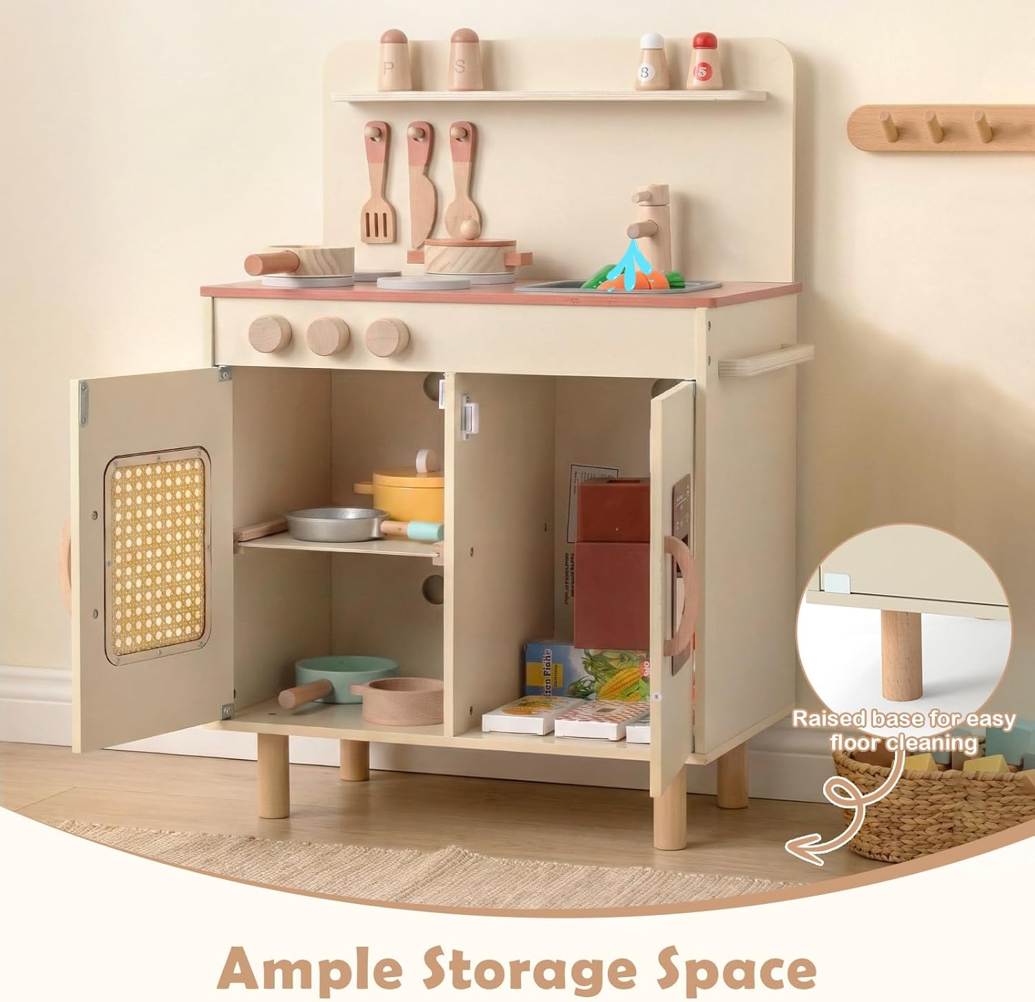 INFANS Play Kitchen for Kids, Wooden Pretend Playset Toddler Cooking Toy Gift for Boys Girls Aged 3+