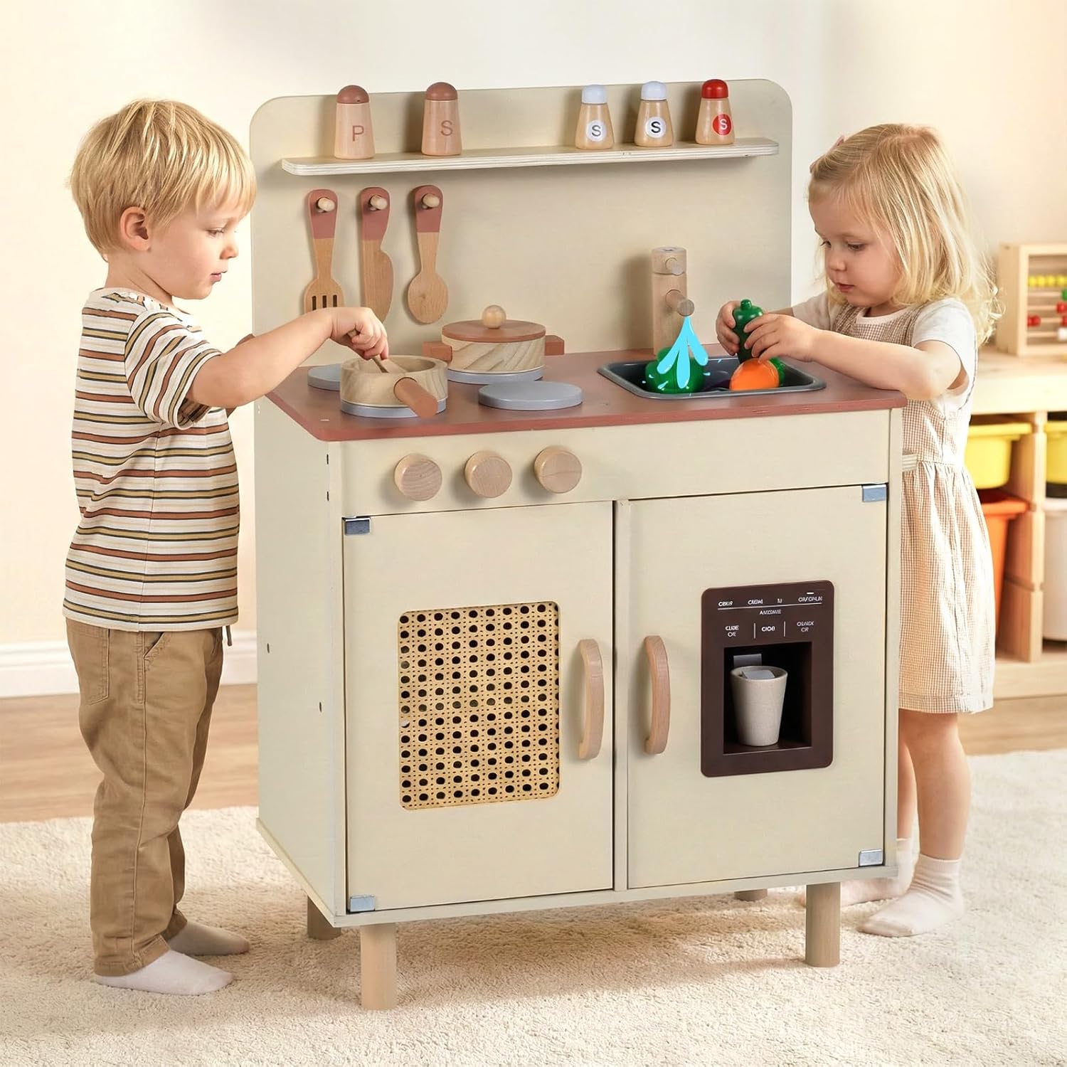 INFANS Play Kitchen for Kids, Wooden Pretend Playset Toddler Cooking Toy Gift for Boys Girls Aged 3+