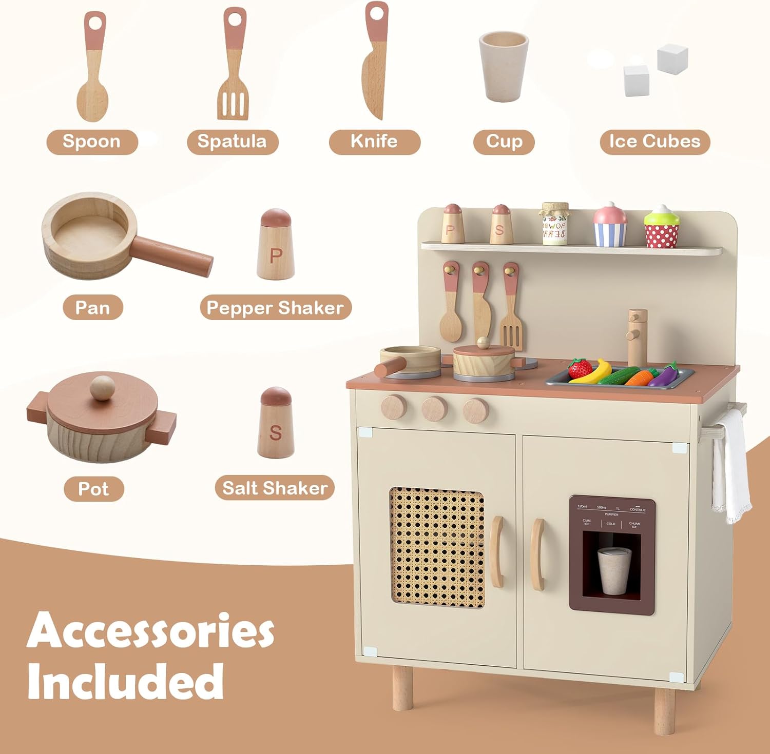 INFANS Play Kitchen for Kids, Wooden Pretend Playset Toddler Cooking Toy Gift for Boys Girls Aged 3+