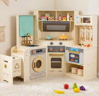 OLAKIDS Corner Kids Kitchen Play Set, Toddler Wooden Pretend Toy Cooking Set with Range Hood Dishwasher Trash Bin Light Sound Stove Storage Cabinet, Realistic Play Kitchen Gift for Boys Girls
