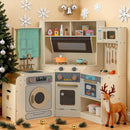 OLAKIDS Corner Kids Kitchen Play Set, Toddler Wooden Pretend Toy Cooking Set with Range Hood Dishwasher Trash Bin Light Sound Stove Storage Cabinet, Realistic Play Kitchen Gift for Boys Girls