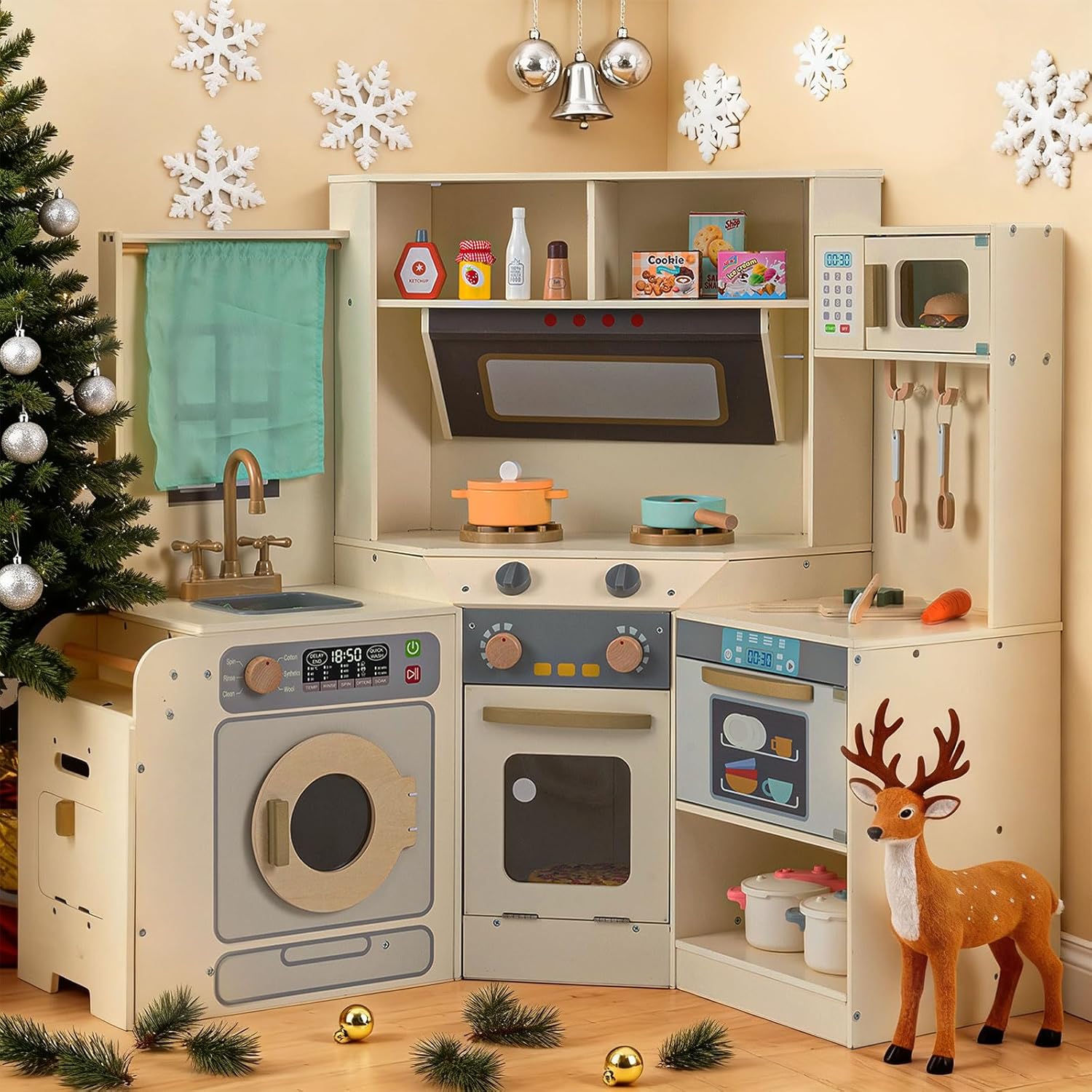 OLAKIDS Corner Kids Kitchen Play Set, Toddler Wooden Pretend Toy Cooking Set with Range Hood Dishwasher Trash Bin Light Sound Stove Storage Cabinet, Realistic Play Kitchen Gift for Boys Girls