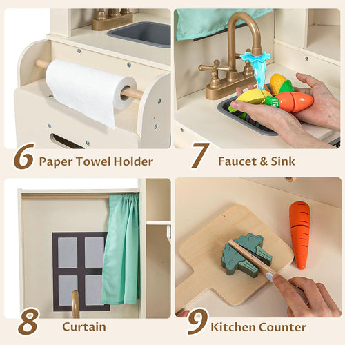 OLAKIDS Corner Kids Kitchen Play Set, Toddler Wooden Pretend Toy Cooking Set with Range Hood Dishwasher Trash Bin Light Sound Stove Storage Cabinet, Realistic Play Kitchen Gift for Boys Girls