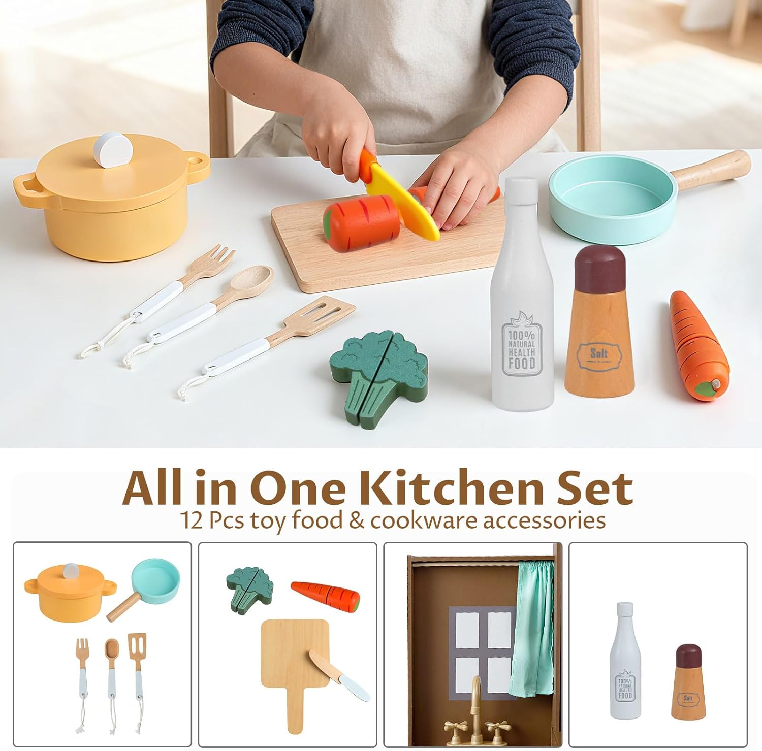OLAKIDS Corner Kids Kitchen Play Set, Toddler Wooden Pretend Toy Cooking Set with Range Hood Dishwasher Trash Bin Light Sound Stove Storage Cabinet, Realistic Play Kitchen Gift for Boys Girls