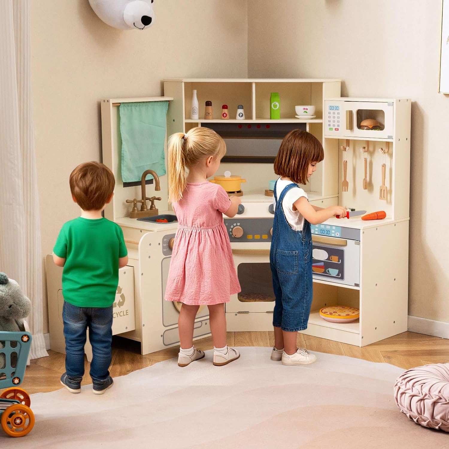 OLAKIDS Corner Kids Kitchen Play Set, Toddler Wooden Pretend Toy Cooking Set with Range Hood Dishwasher Trash Bin Light Sound Stove Storage Cabinet, Realistic Play Kitchen Gift for Boys Girls
