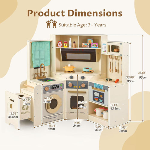 OLAKIDS Corner Kids Kitchen Play Set, Toddler Wooden Pretend Toy Cooking Set with Range Hood Dishwasher Trash Bin Light Sound Stove Storage Cabinet, Realistic Play Kitchen Gift for Boys Girls