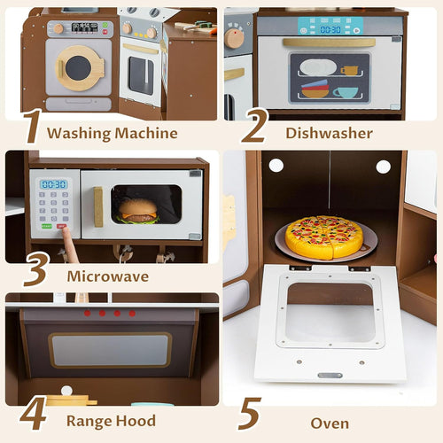 OLAKIDS Corner Kids Kitchen Play Set, Toddler Wooden Pretend Toy Cooking Set with Range Hood Dishwasher Trash Bin Light Sound Stove Storage Cabinet, Realistic Play Kitchen Gift for Boys Girls