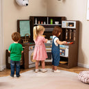 OLAKIDS Corner Kids Kitchen Play Set, Toddler Wooden Pretend Toy Cooking Set with Range Hood Dishwasher Trash Bin Light Sound Stove Storage Cabinet, Realistic Play Kitchen Gift for Boys Girls