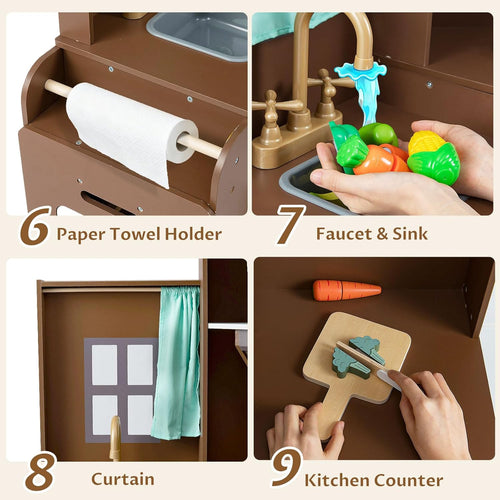 OLAKIDS Corner Kids Kitchen Play Set, Toddler Wooden Pretend Toy Cooking Set with Range Hood Dishwasher Trash Bin Light Sound Stove Storage Cabinet, Realistic Play Kitchen Gift for Boys Girls