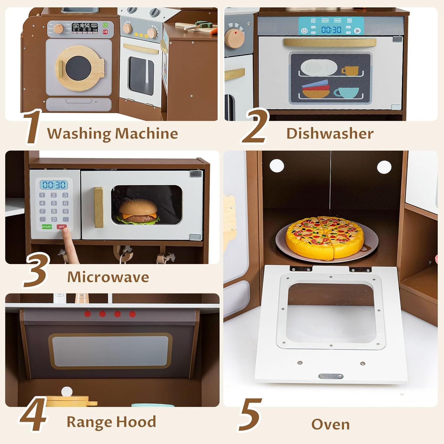 OLAKIDS Corner Kids Kitchen Play Set, Toddler Wooden Pretend Toy Cooking Set with Range Hood Dishwasher Trash Bin Light Sound Stove Storage Cabinet, Realistic Play Kitchen Gift for Boys Girls