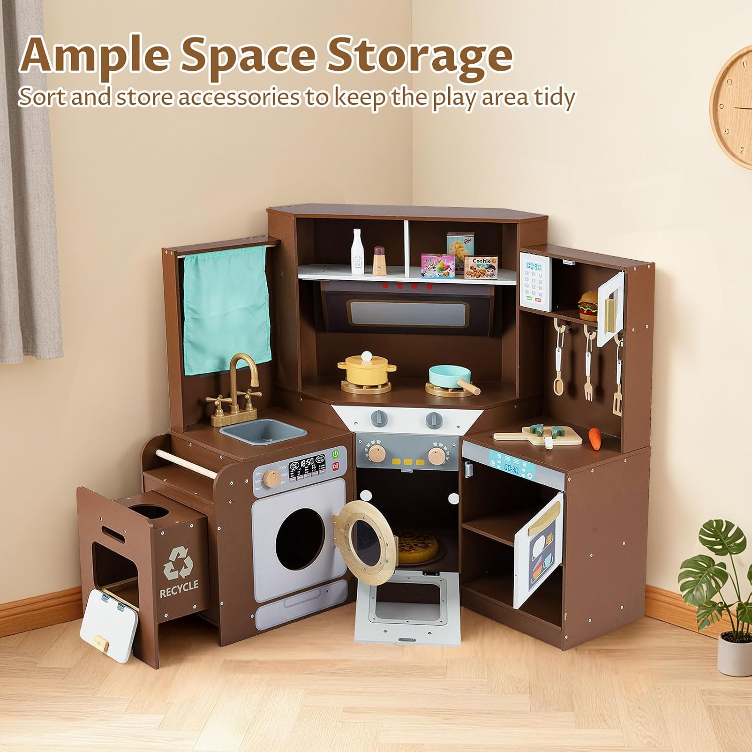 OLAKIDS Corner Kids Kitchen Play Set, Toddler Wooden Pretend Toy Cooking Set with Range Hood Dishwasher Trash Bin Light Sound Stove Storage Cabinet, Realistic Play Kitchen Gift for Boys Girls
